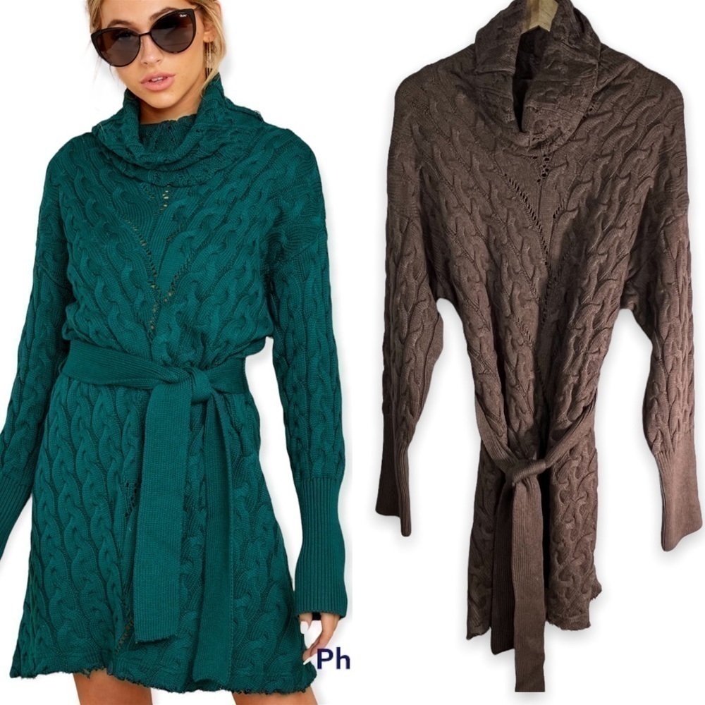 Fate Ready Willing And Cable Knit Sweater Dress, Fawn Brown, Size Medium, NWOT